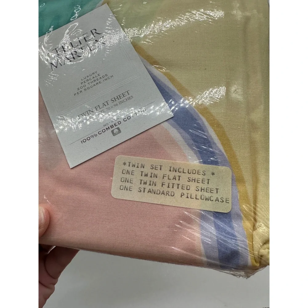 Vtg 80s 90s Atelier Martex Eternity Twin Flat & Fitted Sheet Set Abstract Pastel